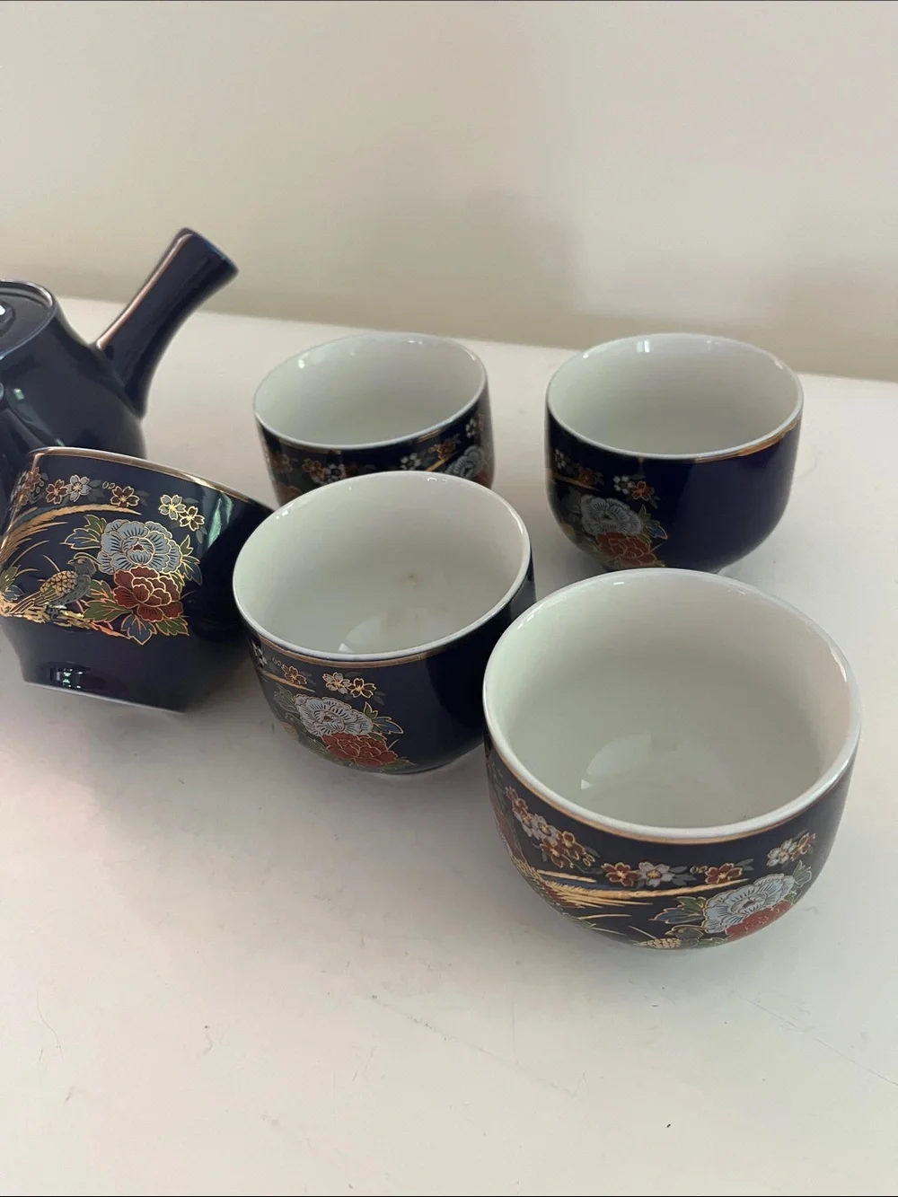 Vintage Porcelain Tea Set /side handle and 5 cups  Blue/gold with floral design
